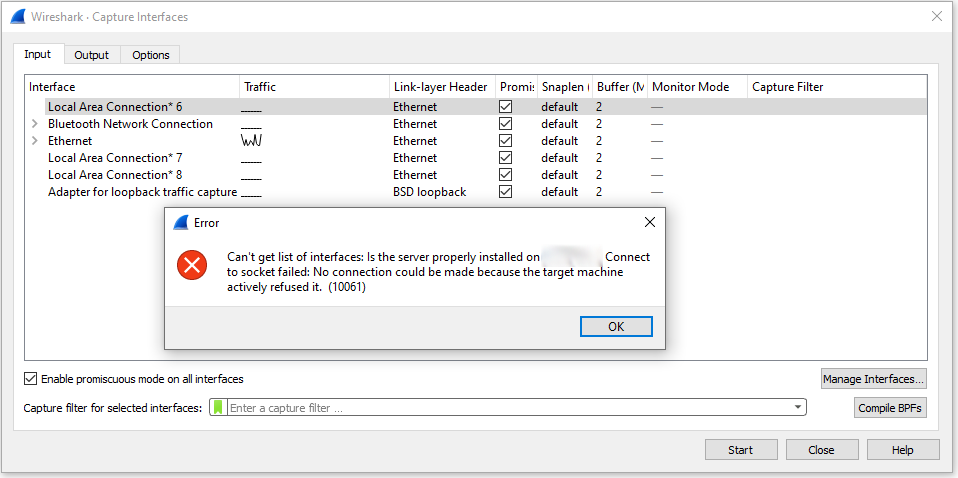 Clearing Wiresharks Managed Interface Error Messages